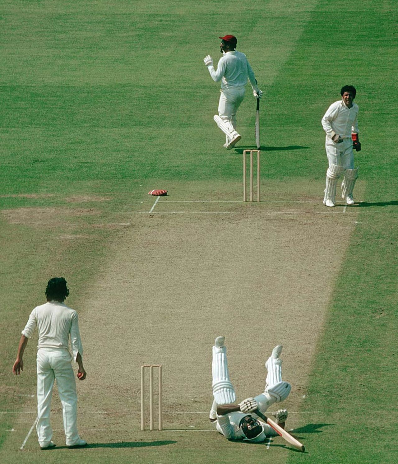 Clive Lloyd falls flat on the ground as he survives a run-out, West Indies v Pakistan, 2nd semi-final, The Oval, World Cup 1979, June 20, 1979