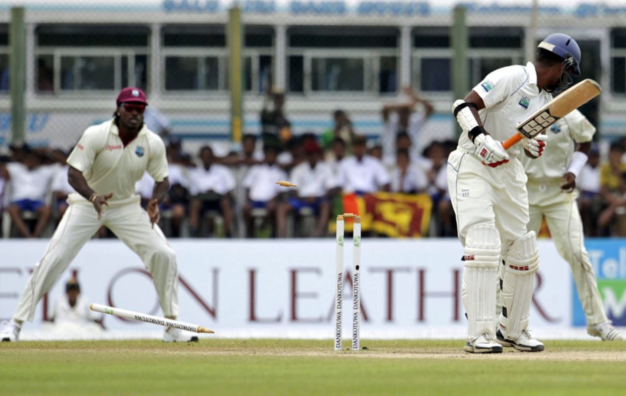 Tharanga Paranavitana looks back to see his off stump uprooted, Sri Lanka v West Indies, 1st Test, Galle, 3rd day, November 17, 2010