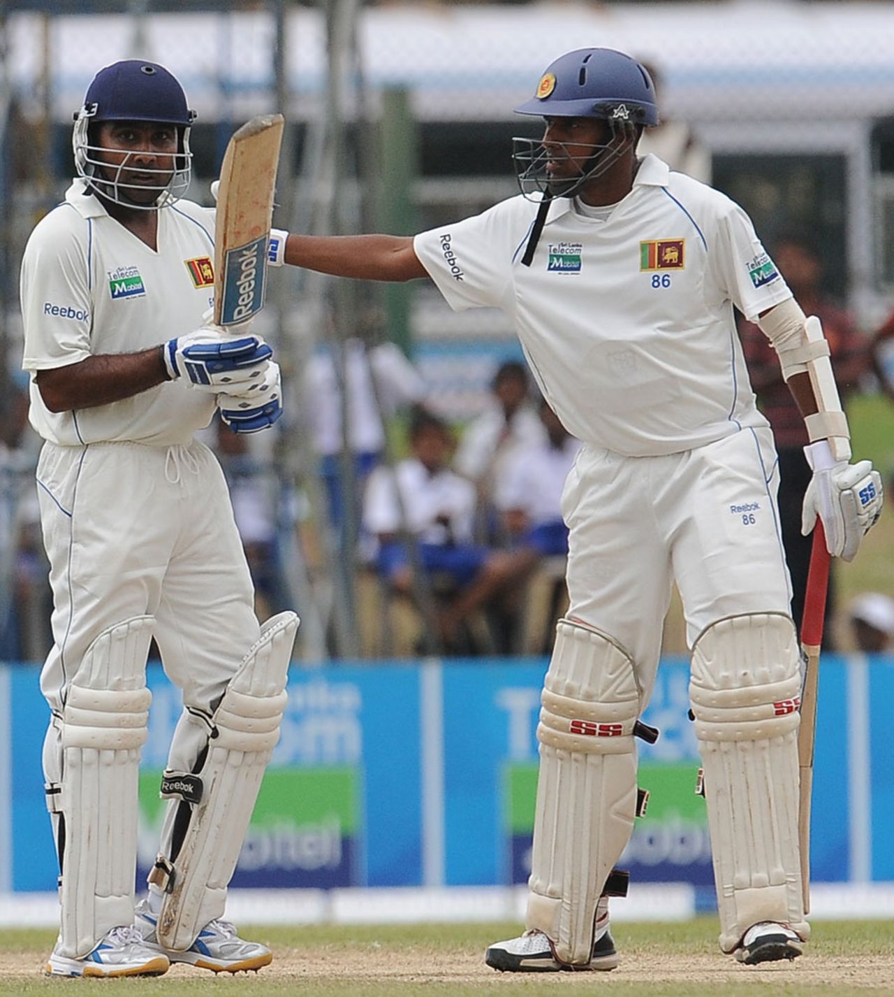 Mahela Jayawardene is congratulated by Thilan Samaraweera on a hard-fought half-century, Sri Lanka v West Indies, 1st Test, Galle, 3rd day, November 17, 2010