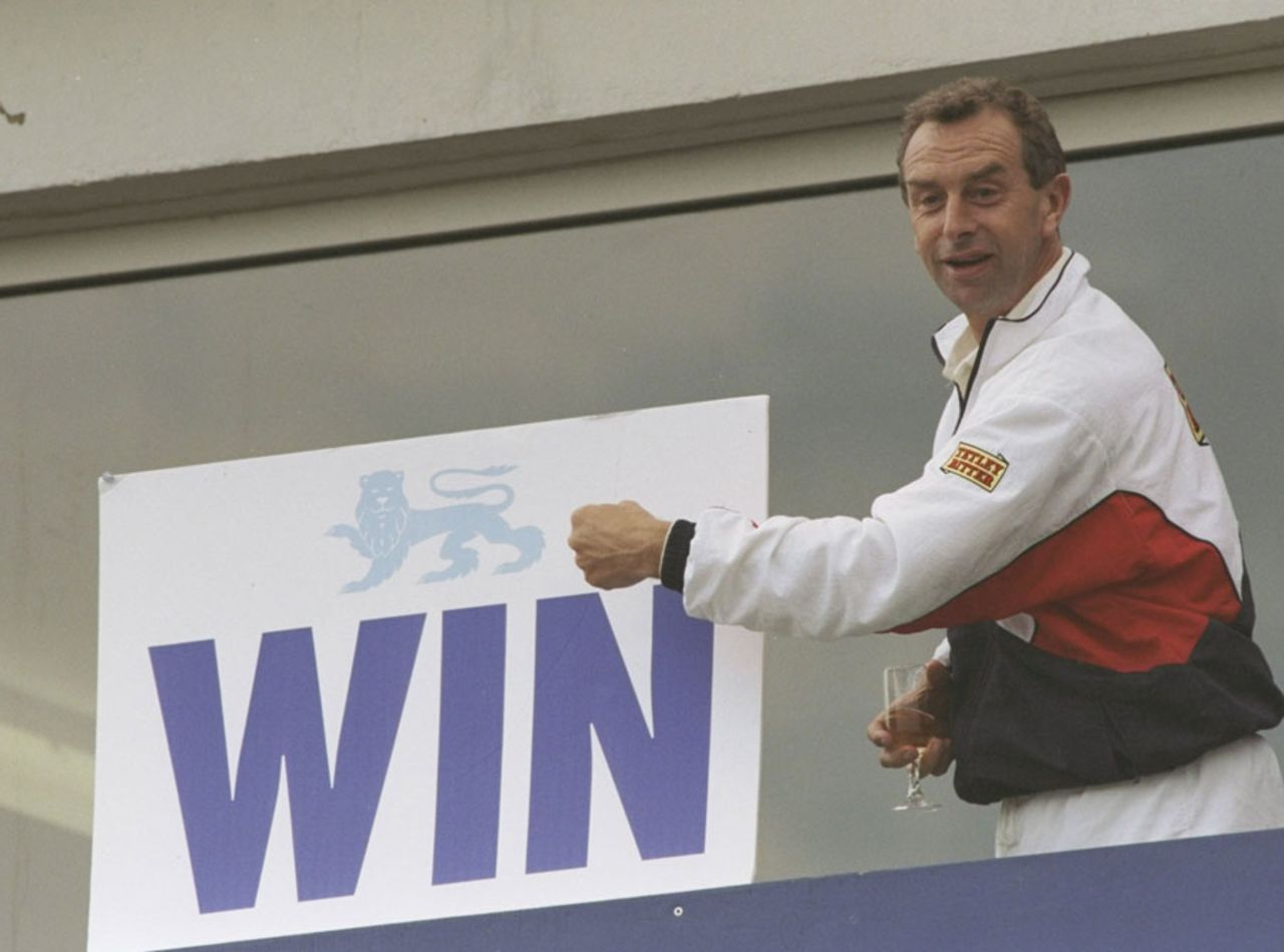 David Lloyd, the new coach, points to a "Win" board, England v India, 3rd ODI, Old Trafford, May 27, 1996