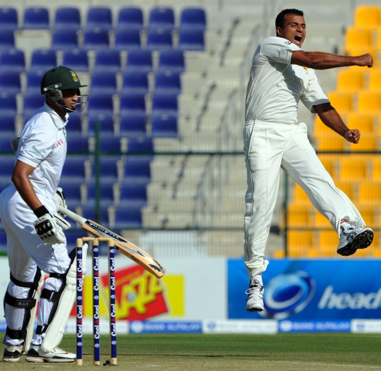 Tanvir Ahmed leaps after dismissing Alviro Petersen, Pakistan v South Africa, 2nd Test, Abu Dhabi, 1st day, November 20, 2010