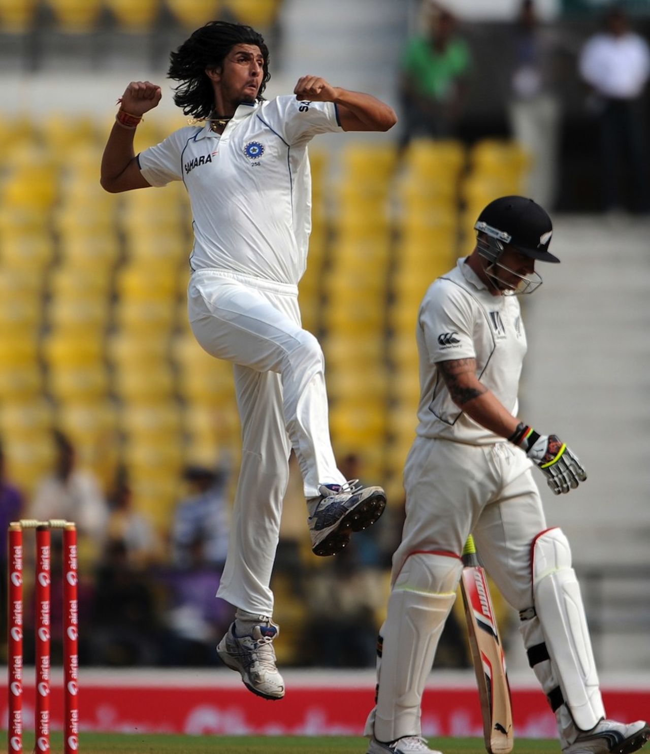 Ishant Sharma leaps in celebration after dismissing Brendon McCullum, India v New Zealand, 3rd Test, Nagpur, 2nd day, November 21, 2010