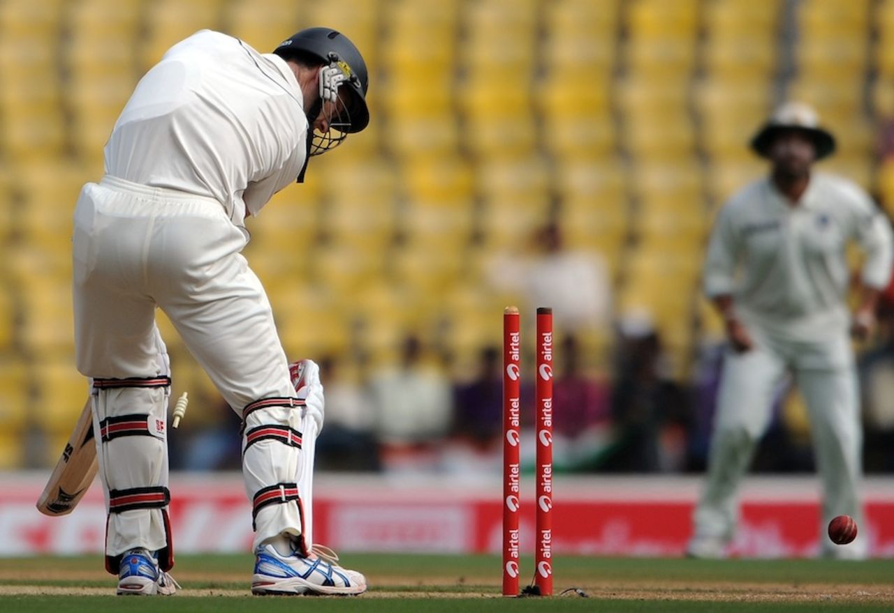 Andy McKay is bowled by Ishant Sharma, India v New Zealand, 3rd Test, Nagpur, 2nd day, November 21, 2010
