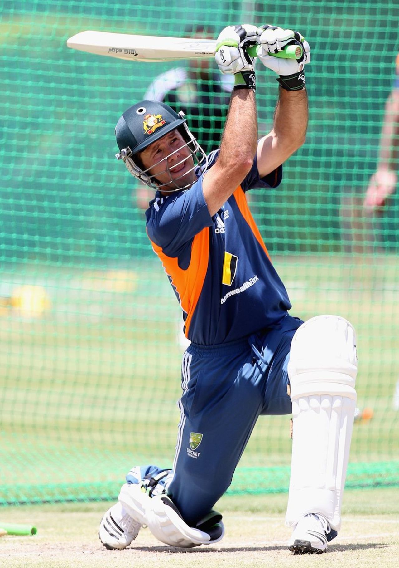 Ricky Ponting launches one over midwicket during a net session, Brisbane, November 22, 2010