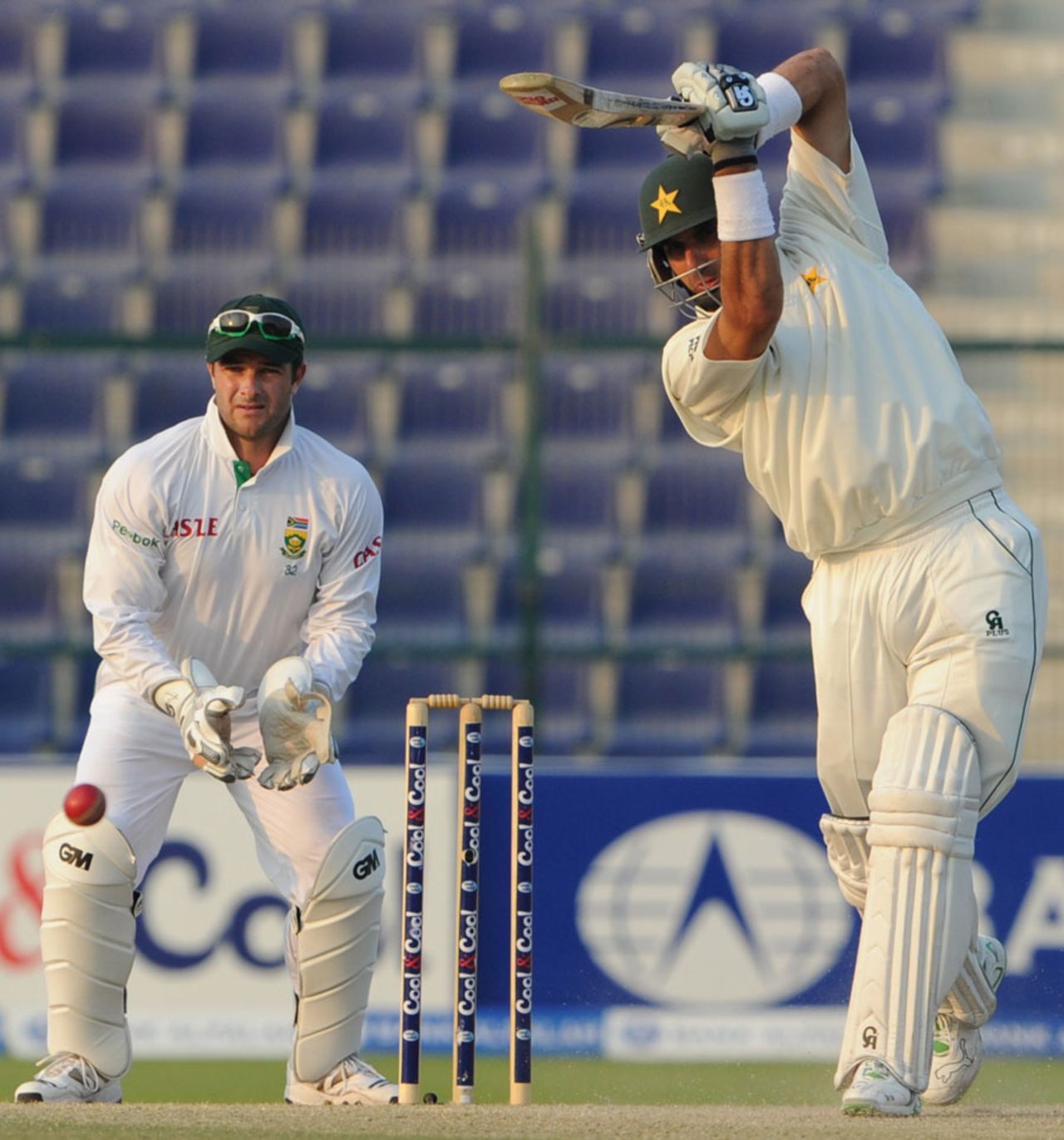 Misbah-ul-Haq plays a cover drive, Pakistan v South Africa, 2nd Test, Abu Dhabi, 3rd day, November 22, 2010