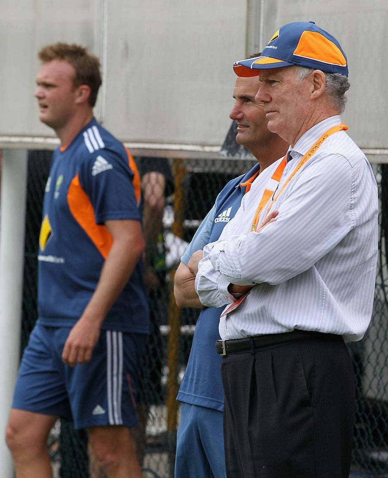 Doug Bollinger, Andrew Hilditch and Greg Chappell at Australia's net session, Brisbane, November 24, 2010