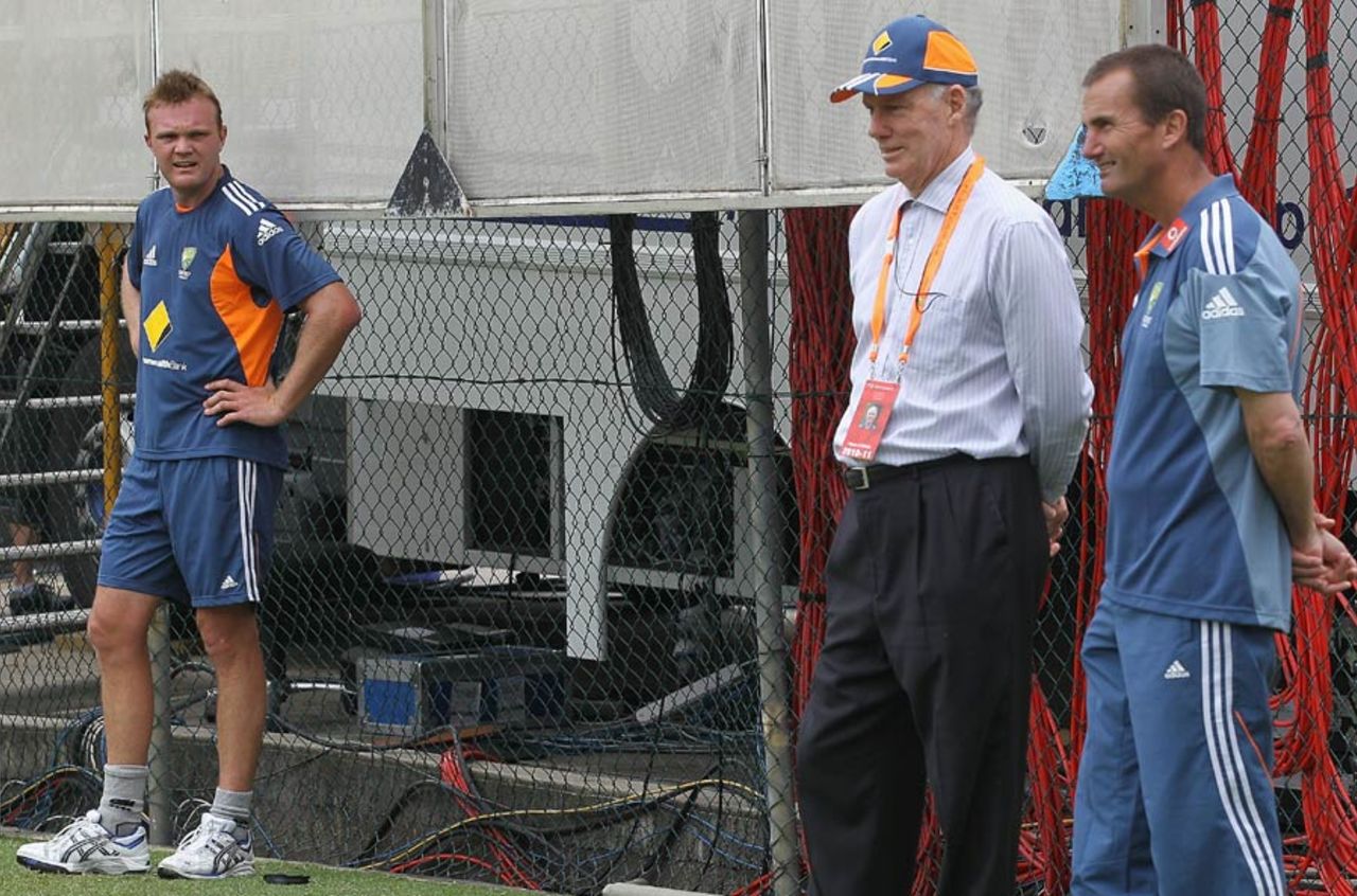 Doug Bollinger, Andrew Hilditch and Greg Chappell at Australia's net session, Brisbane, November 24, 2010