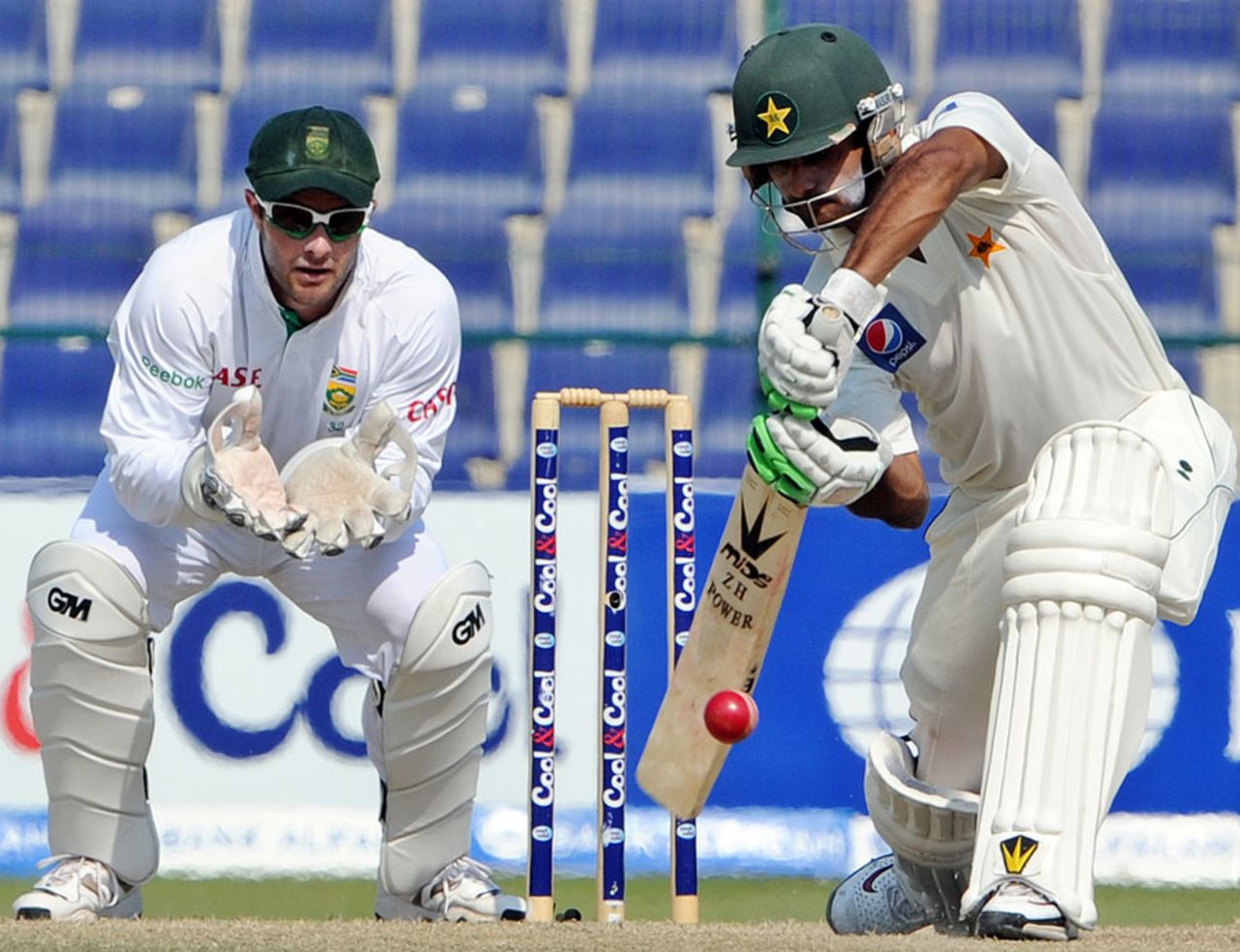 Mohammad Hafeez watches the ball on to his bat, Pakistan v South Africa, 2nd Test, Abu Dhabi, 5th day, November 24, 2010