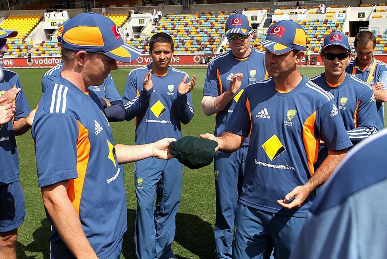 Xavier Doherty is handed his baggy green by Ricky Ponting, Australia v England, 1st Test, Brisbane, 1st day, November 25, 2010