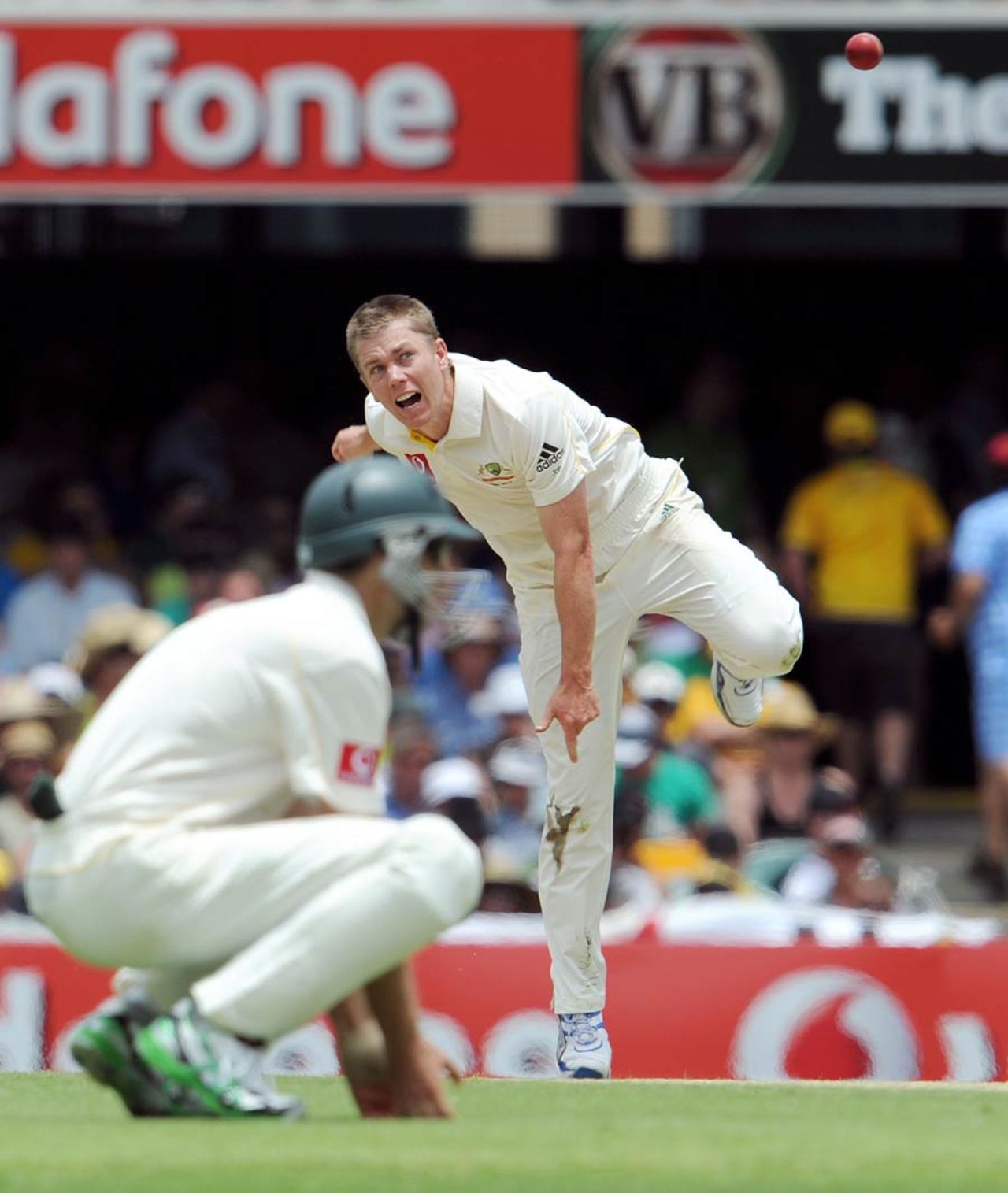 Xavier Doherty sends down a delivery during his first day of Test cricket, Australia v England, 1st Test, Brisbane, 1st day, November 25, 2010