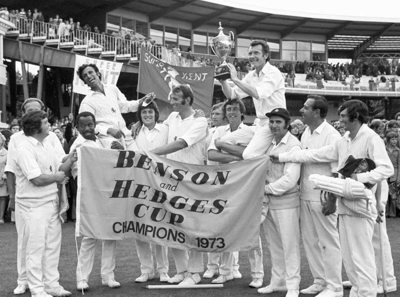 Mike Denness and Asif Iqbal are carried on the shoulders of their team-mates after Kent's victory, Kent v Worcestershire, Benson & Hedges Cup final, Lord's July 21, 1973