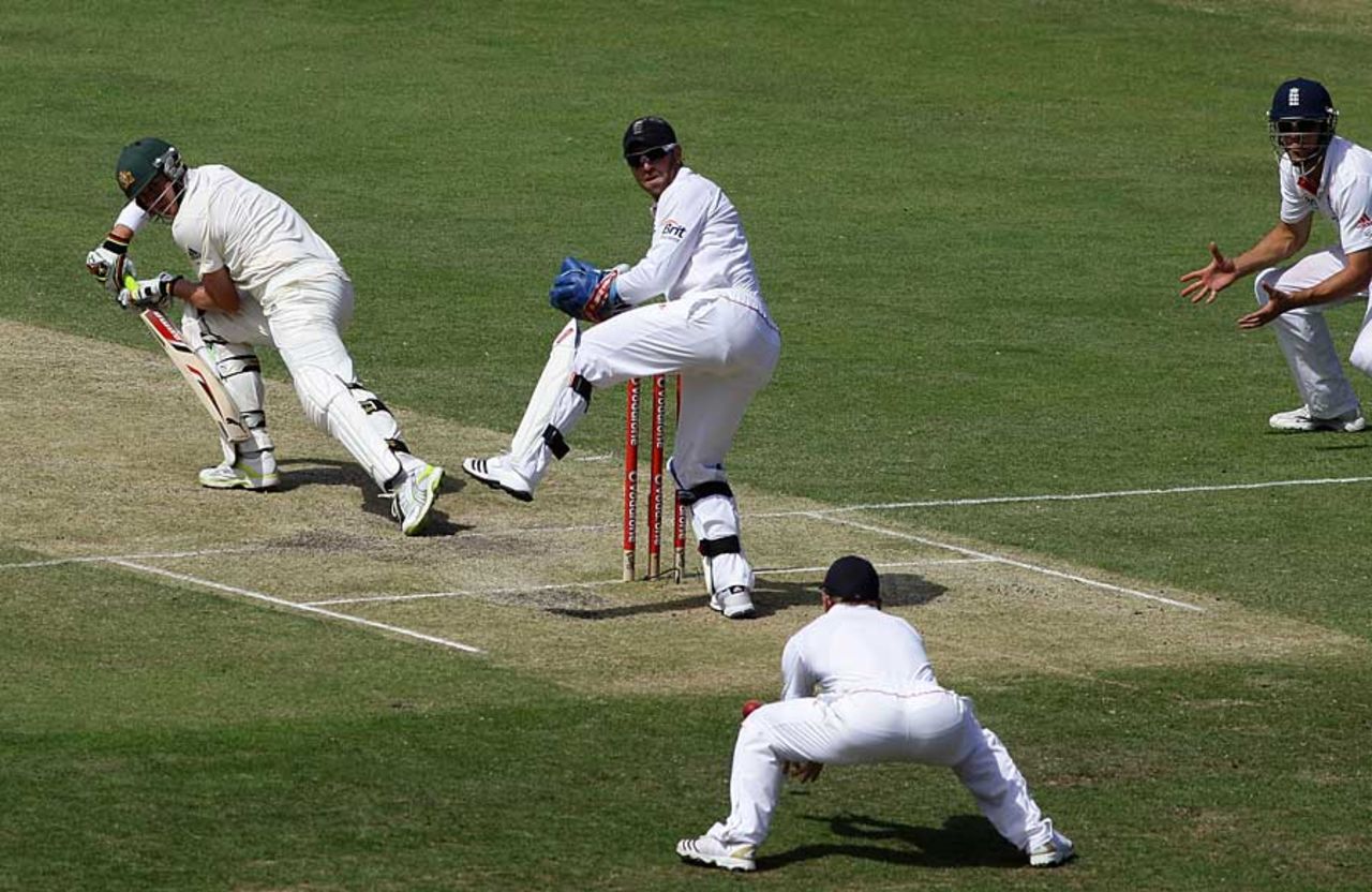 Marcus North edged Graeme Swann to slip, Australia v England, 1st Test, Brisbane, 2nd day, November 26, 2010