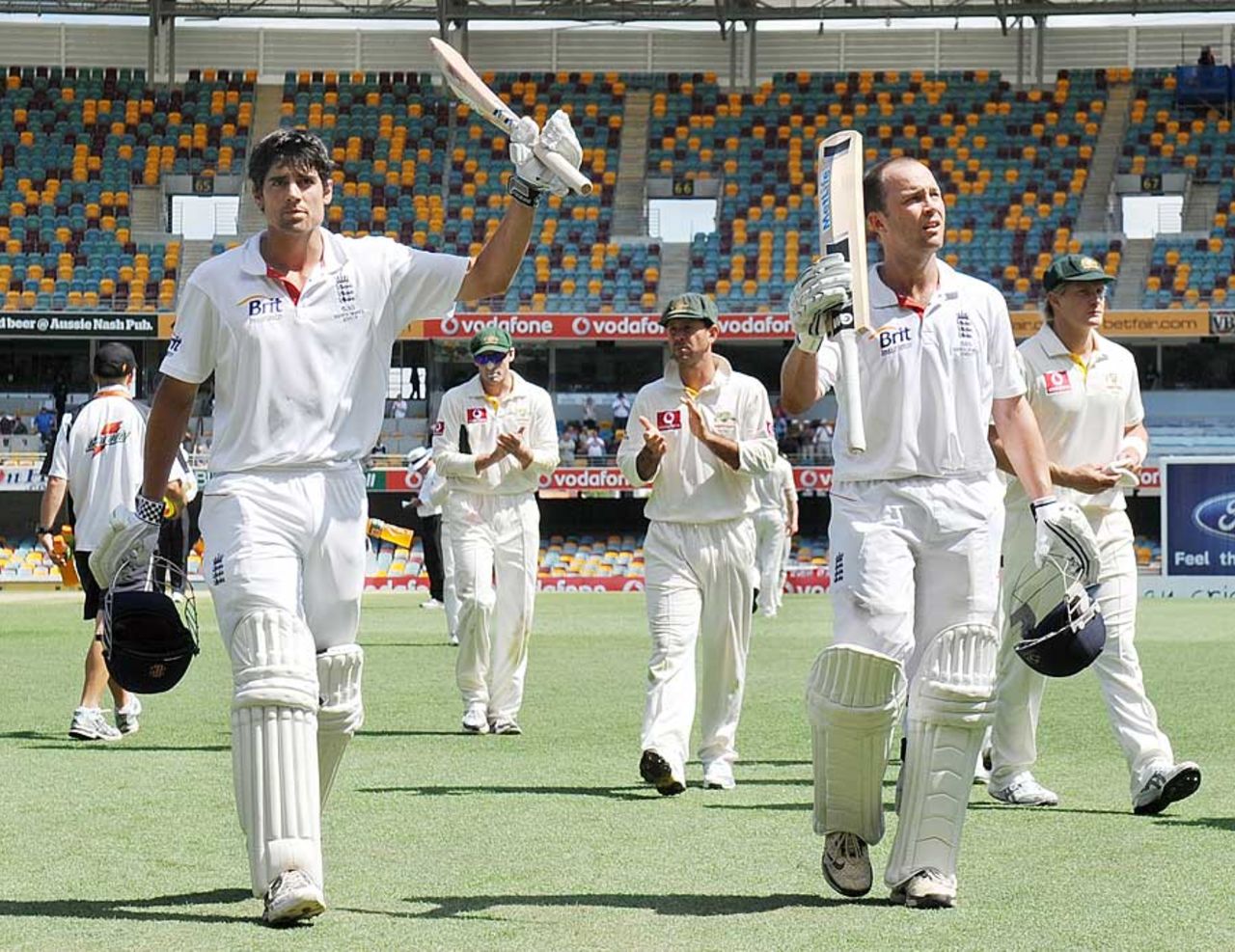 Alastair Cook and Jonathan Trott take the applause after their record stand, Australia v England, 1st Test, Brisbane, 5th day, November 29, 2010
