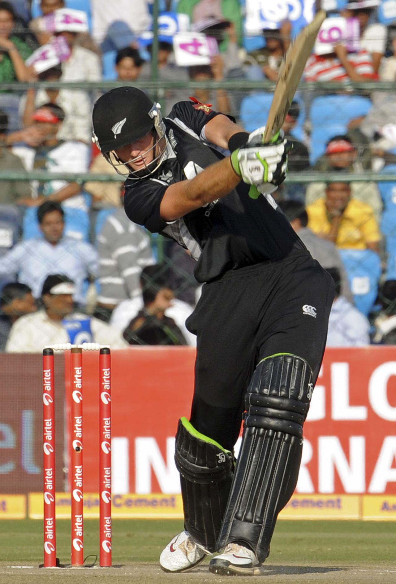 Martin Guptill hits straight down the ground, India v New Zealand, 2nd ODI, Jaipur, December 1, 2010