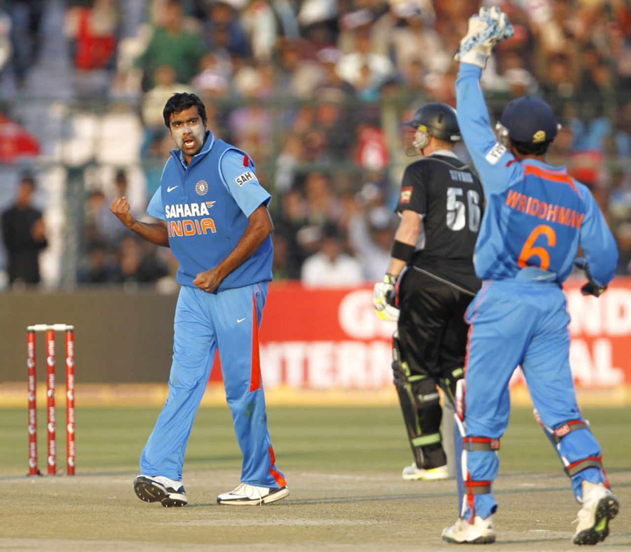R Ashwin celebrates the wicket of Martin Guptill, India v New Zealand, 2nd ODI, Jaipur, December 1, 2010