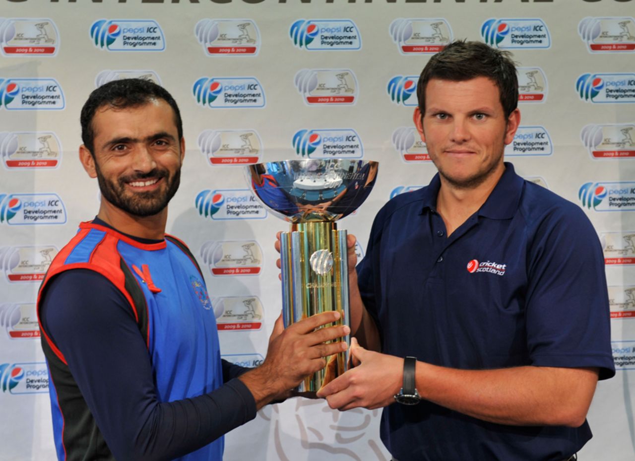 Captains Nawroz Mangal and Gordon Drummond pose with the trophy, Afghanistan v Scotland,  ICC Intercontinental Cup final, Dubai, December 1, 2010