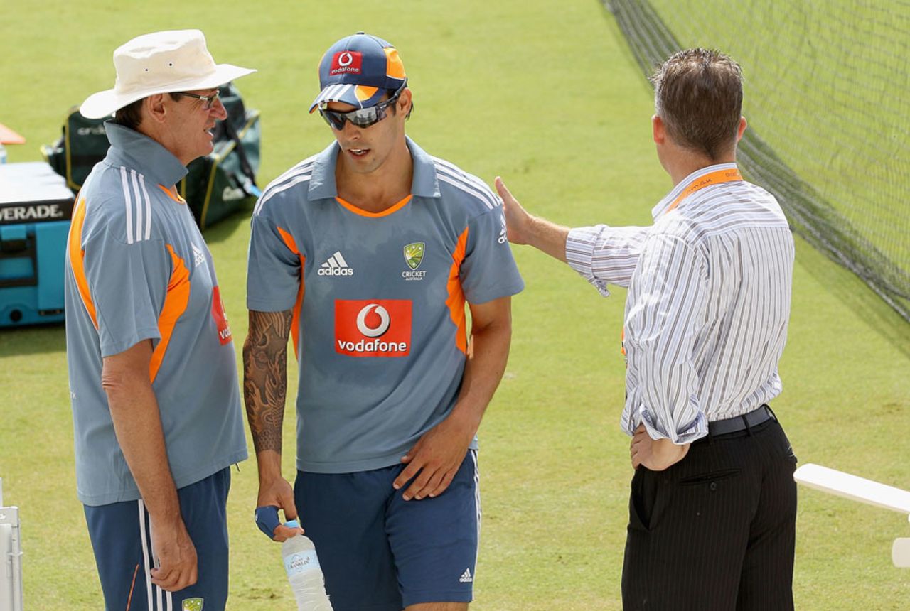 Australia's team manager Steve Bernard with Mitchell Johnson and selector Jamie Cox, Adelaide, December 2, 2010