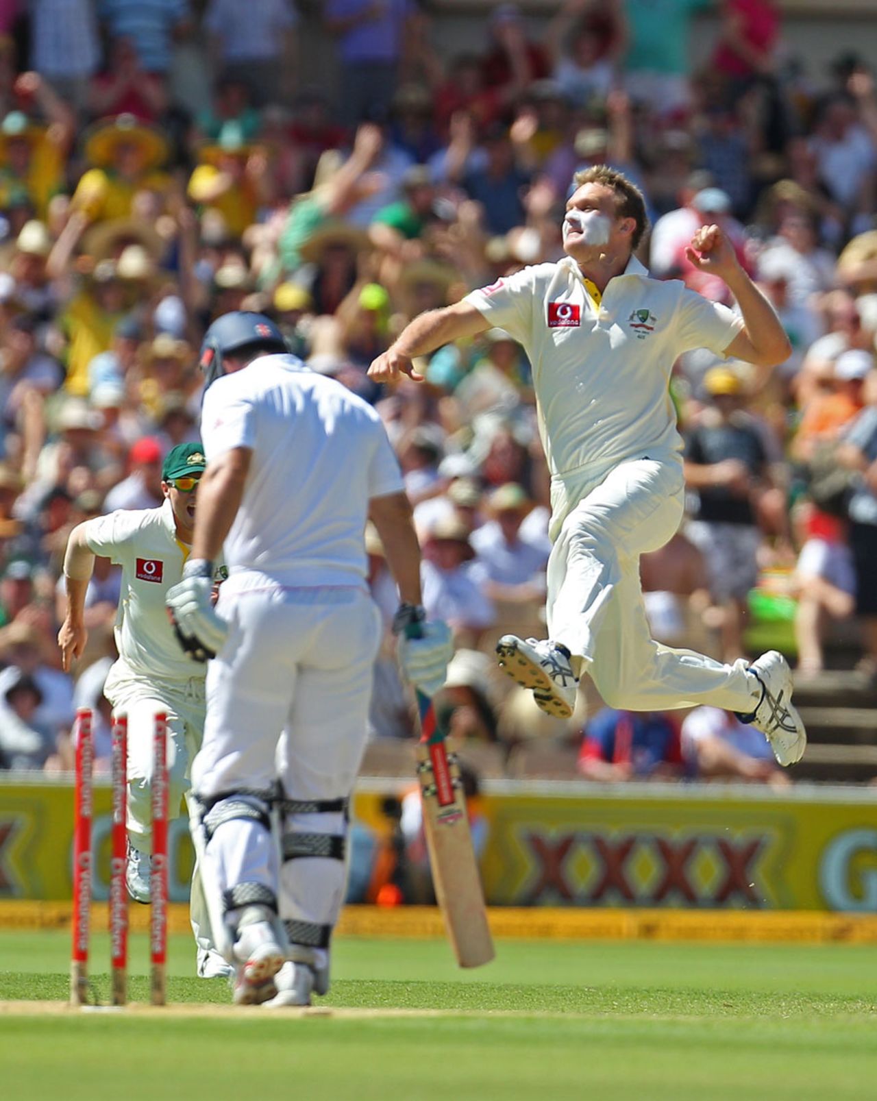 Doug Bollinger leaps for joy after bowling Andrew Strauss, Australia v England, 2nd Test, Adelaide, 2nd day, December 4, 2010