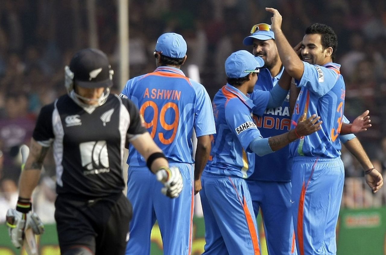 The Indians celebrate Brendon McCullum's dismissal, India v New Zealand, 3rd ODI, Vadodara, December 4, 2010