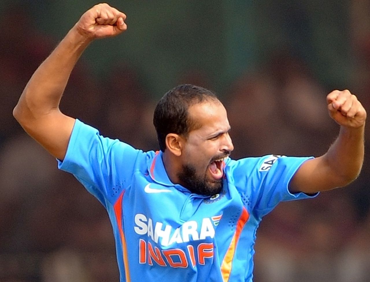 Yusuf Pathan celebrates two quick strikes, India v New Zealand, 3rd ODI, Vadodara, December 4, 2010