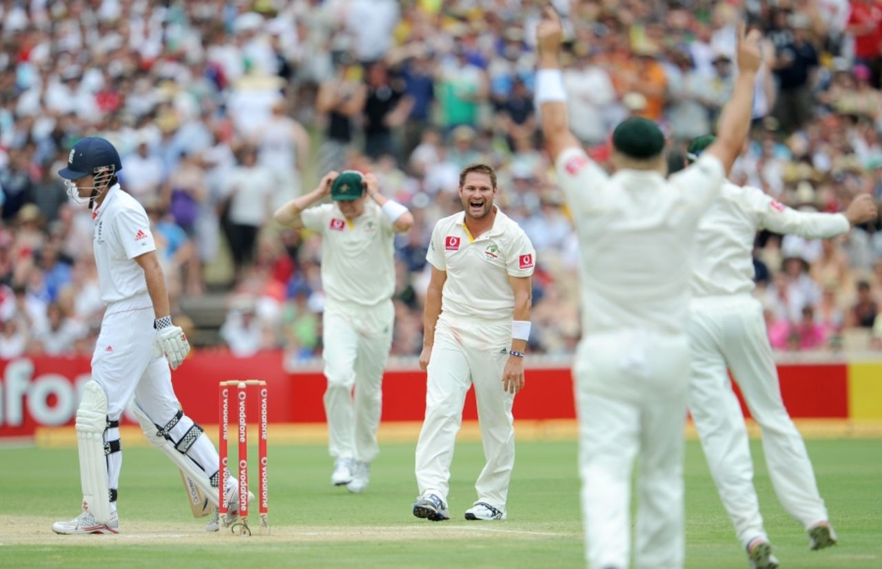 Ryan Harris finally removed Alastair Cook for 148, Australia v England, 2nd Test, Adelaide, 3rd day, December 5, 2010
