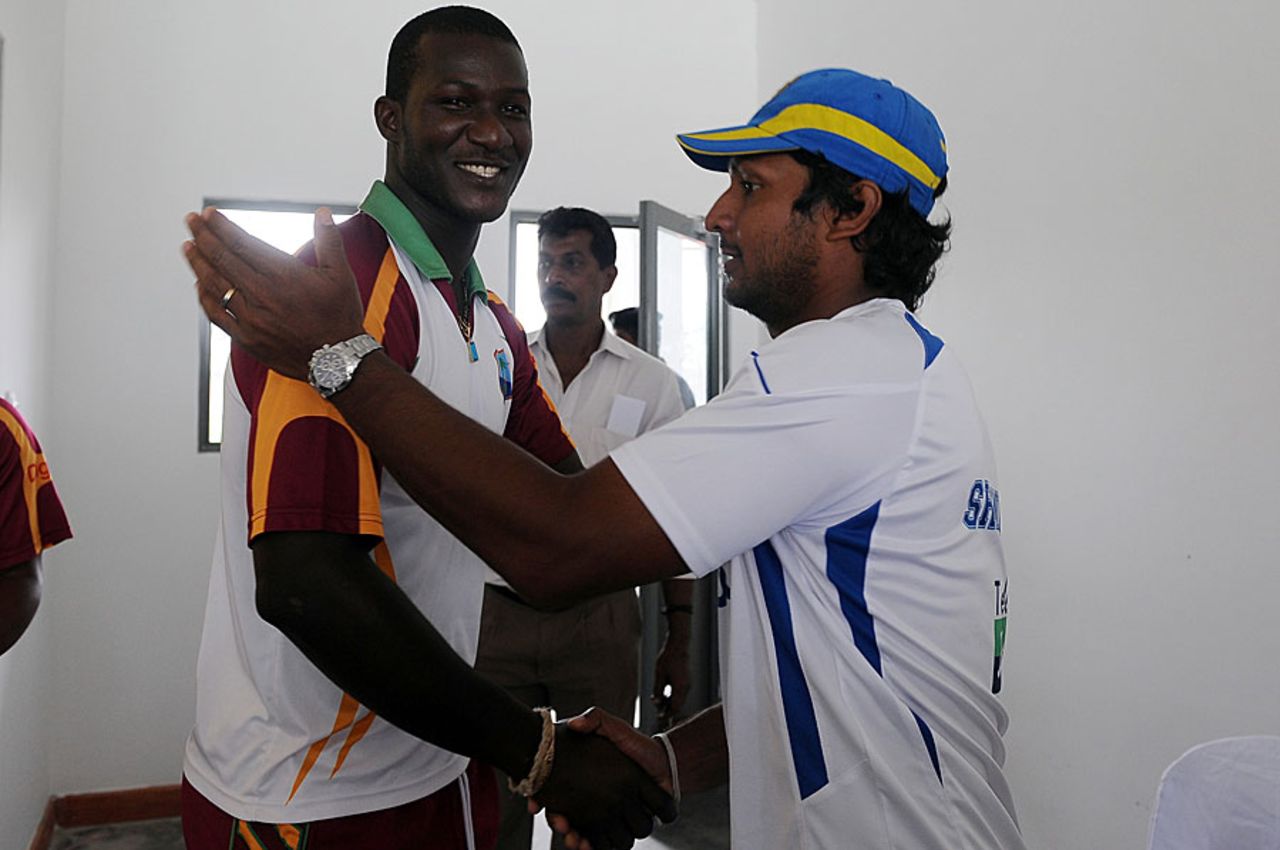Darren Sammy and Kumar Sangakkara after the final day of the third Test was called off due to rain, Sri Lanka v West Indies, 3rd Test, Pallekele, 5th day, December 5, 2010