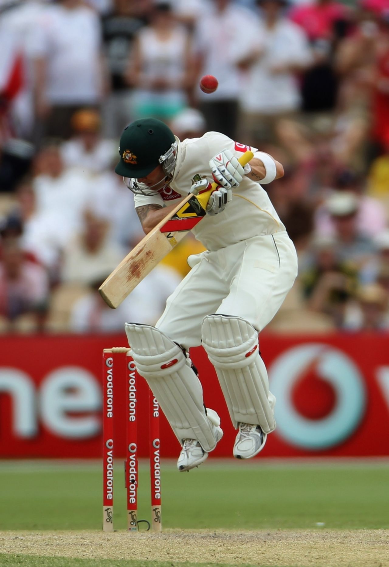 Michael Clarke was tested by the short ball early in his innings, Australia v England, 2nd Test, Adelaide, 4th day, December 6, 2010