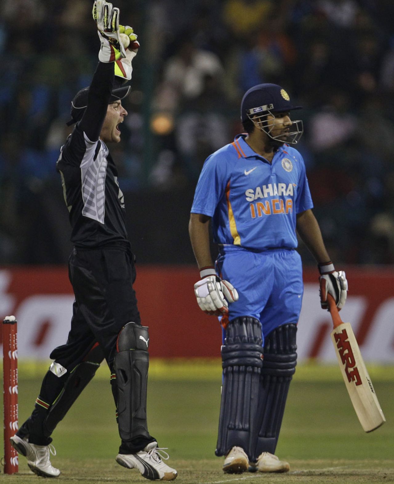 Rohit Sharma edges one to Brendon McCullum but the umpire gives him a reprieve, India v New Zealand, 4th ODI, Bangalore, December 7, 2010