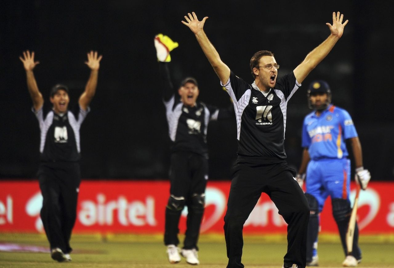 Daniel Vettori had an appeal for caught behind turned down against Rohit Sharma, India v New Zealand, 4th ODI, Bangalore, December 7, 2010
