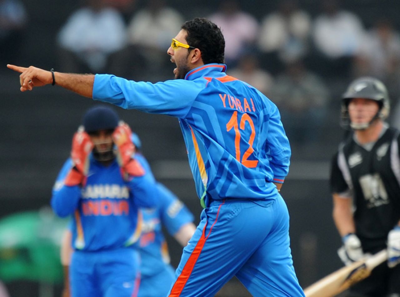 Yuvraj Singh celebrates the wicket of Jamie How, India v New Zealand, 5th ODI, Chennai, December 10, 2010