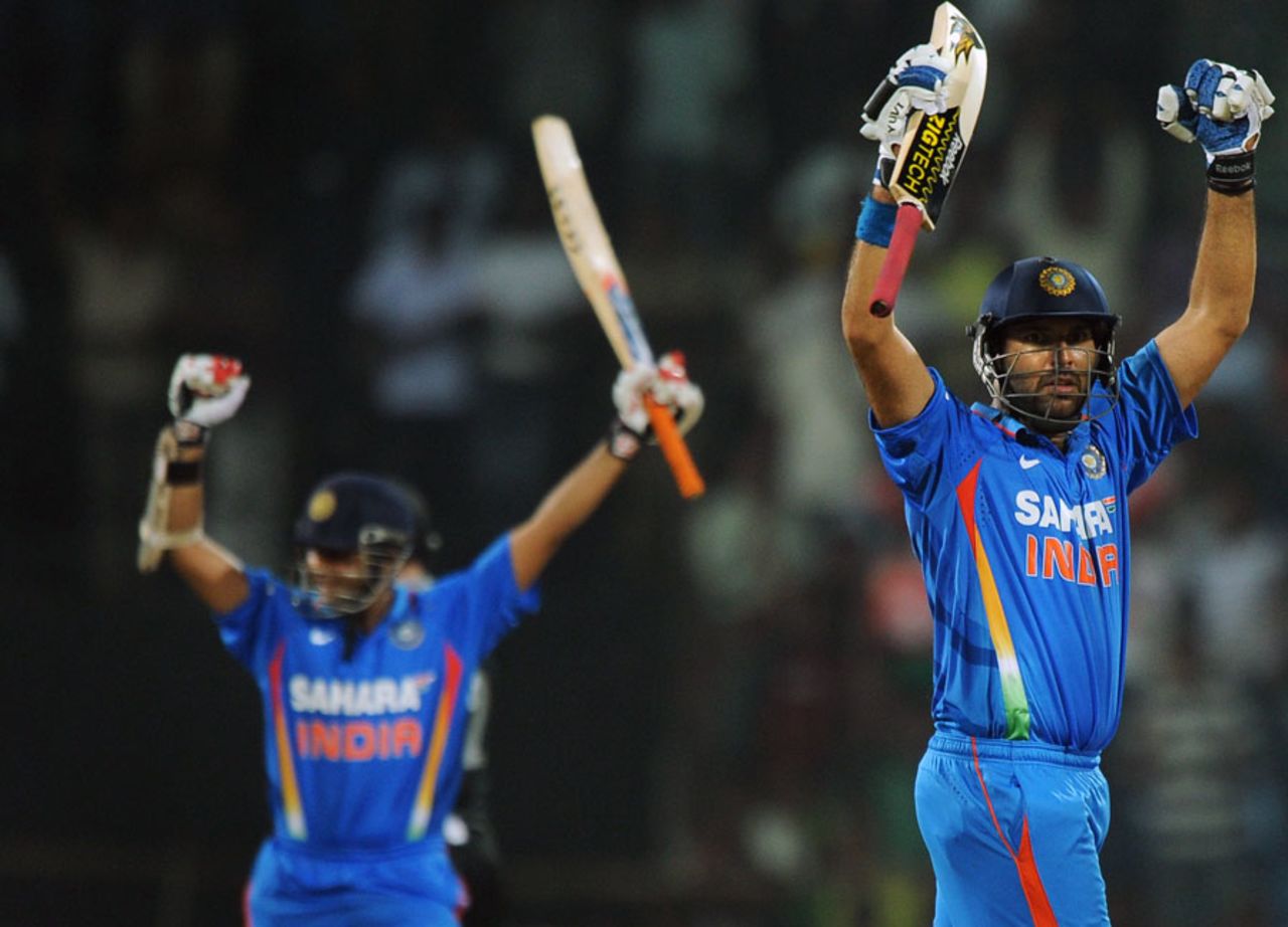 Yuvraj Singh and Parthiv Patel celebrate the winning runs, India v New Zealand, 5th ODI, Chennai, December 10, 2010