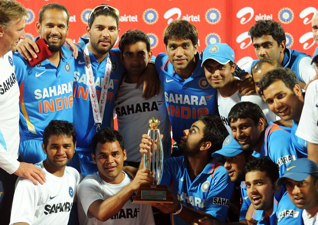 India celebrates their 5-0 victory in the ODI series against New Zealand, 5th ODI, Chennai, December 10, 2010