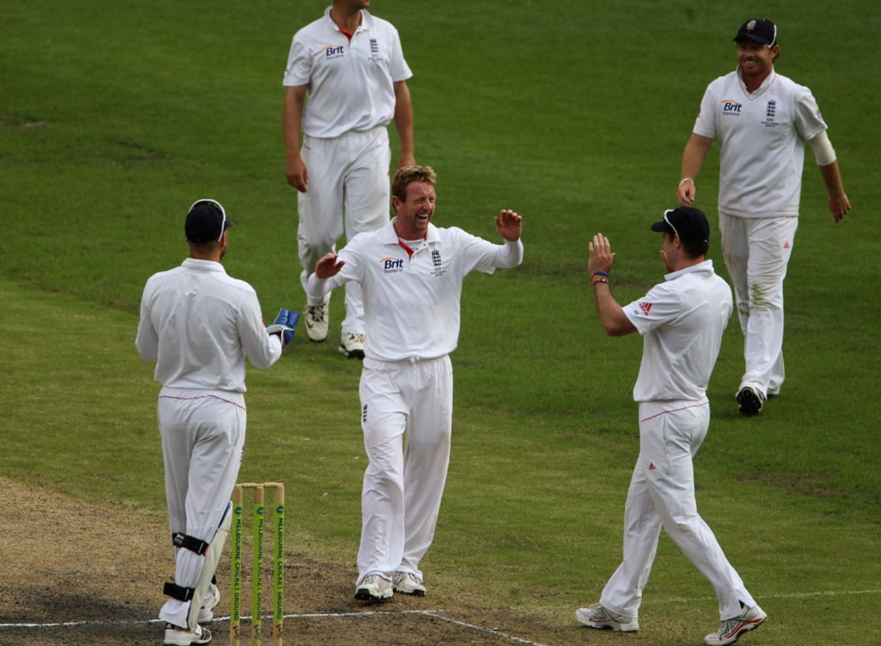 Paul Collingwood celebrates one of his three wickets, Victoria v England XI, Melbourne, 2nd day, December 11, 2010