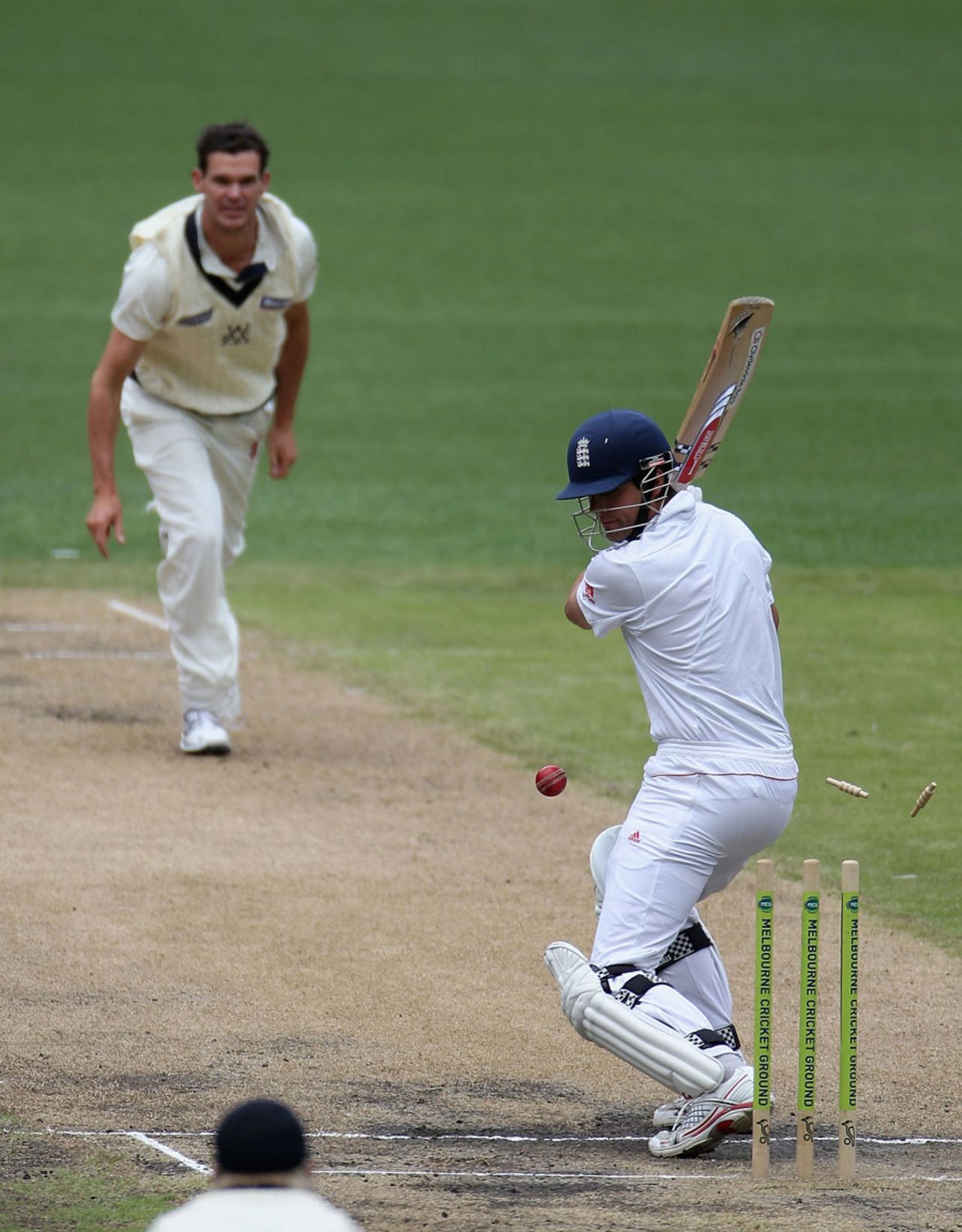 Alastair Cook plays on to Clint McKay, Victoria v England XI, Melbourne, 3rd day, December 12, 2010