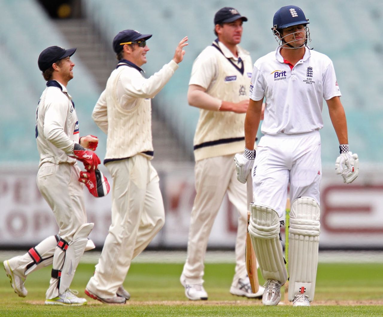 Alastair Cook walks off after being bowled for 10, Victoria v England XI, Melbourne, 3rd day, December 12, 2010