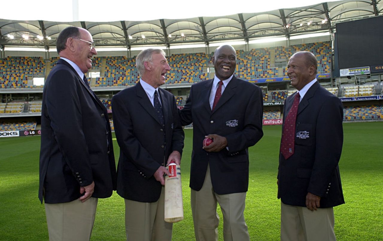 The final four protagonists of the tied Test: Australia's Ian Meckiff and Lindsay Kline with West Indies' Wes Hall and Joe Solomon at the 40-year reunion, Brisbane, November 20, 2000