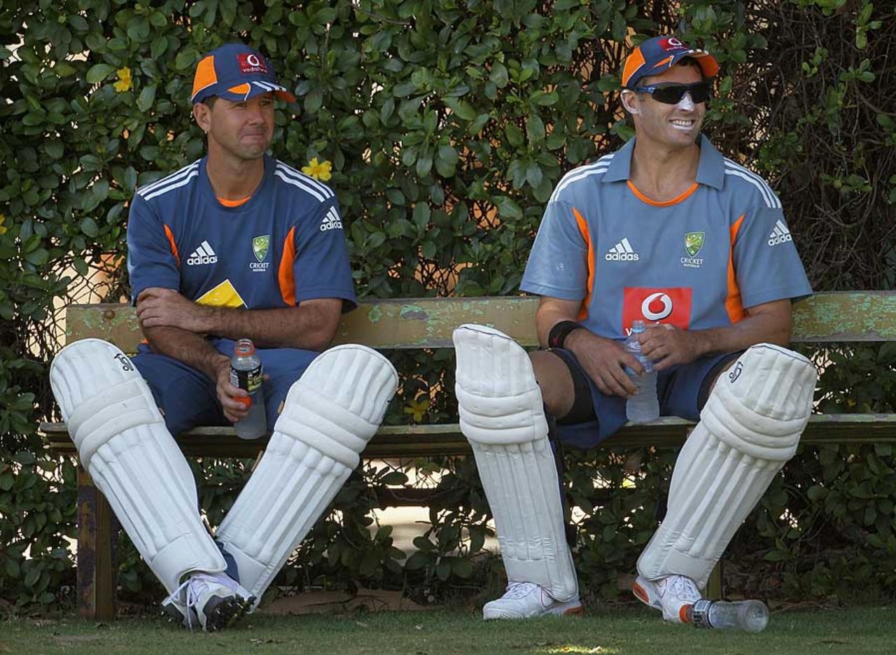Ricky Ponting and Mike Hussey wait for their stint in the nets, Perth, December 14, 2010