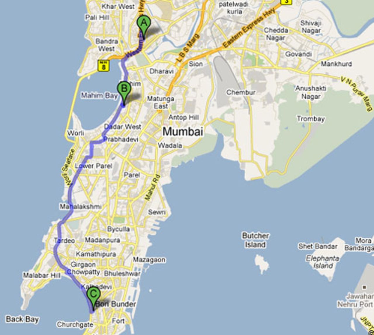 Screenshot of Google map from MIG Cricket Club to Wankhede Stadium