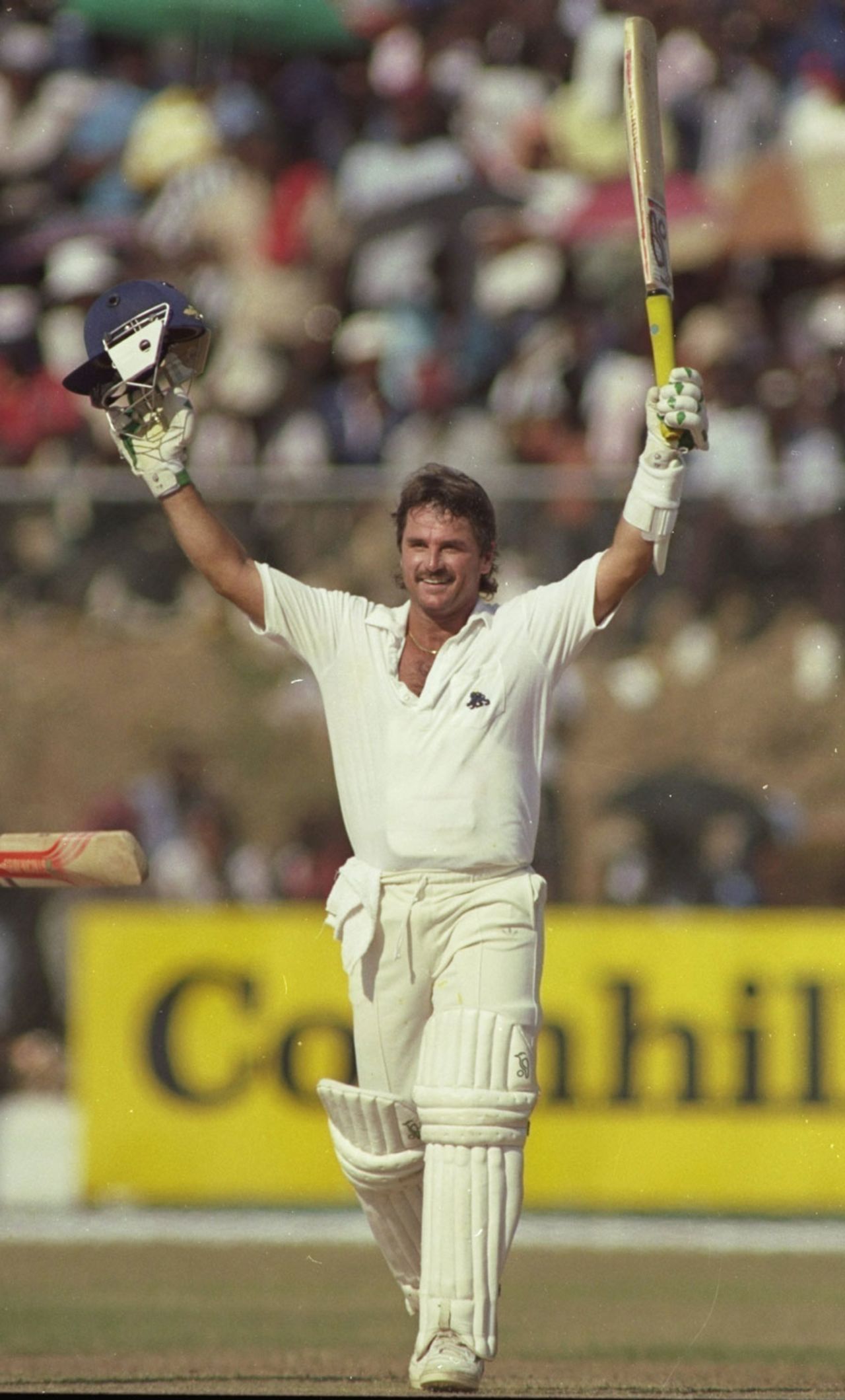 Allan Lamb celebrates his century, West Indies v England, 1st Test, Jamaica, 2nd day, February 25, 1990