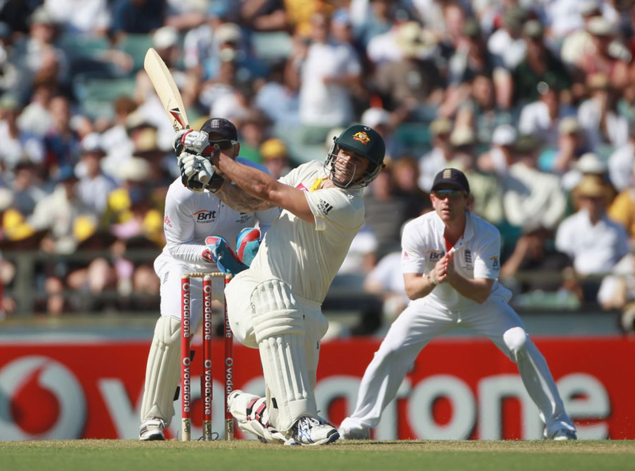 Mitchell Johnson goes over the top during his half-century, Australia v England, 3rd Test, Perth, 1st day, December 16, 2010