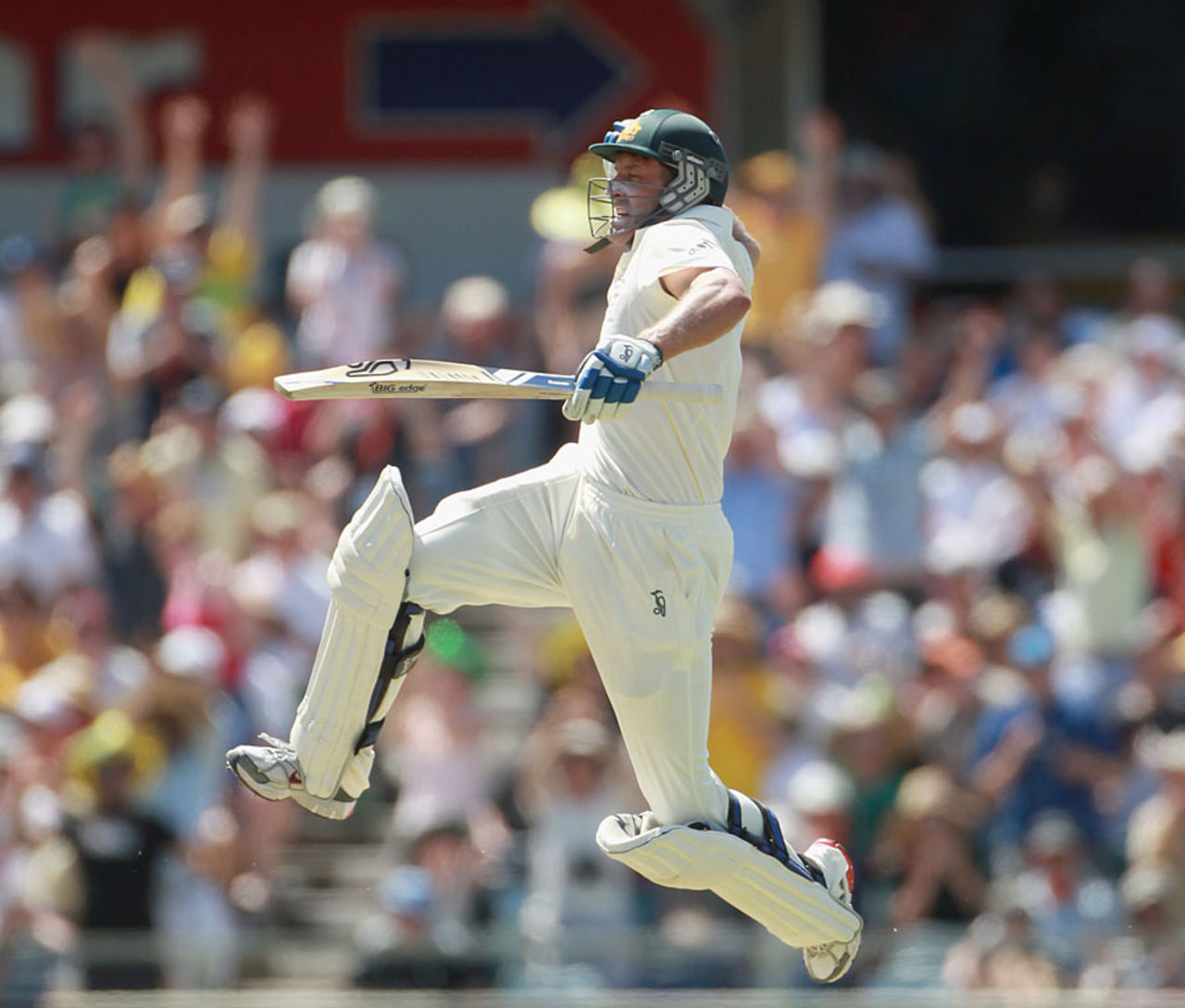 Mike Hussey leaps in celebration after reaching his hundred, Australia v England, 3rd Test, Perth, 3rd day, December 18, 2010