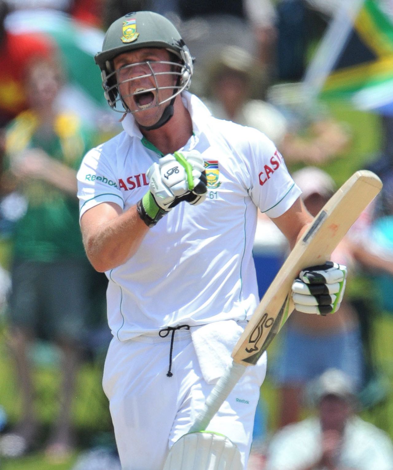 AB de Villiers pumps his fist on reaching his century off 75 balls, South Africa v India, 1st Test, Centurion, 3rd day, December 18, 2010 