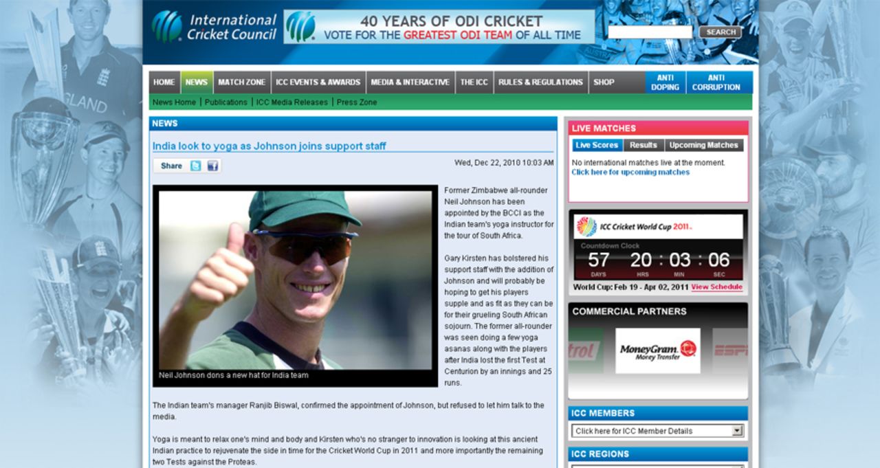 The official ICC site falls for the Niel Johnson spoof story, December 23, 2010