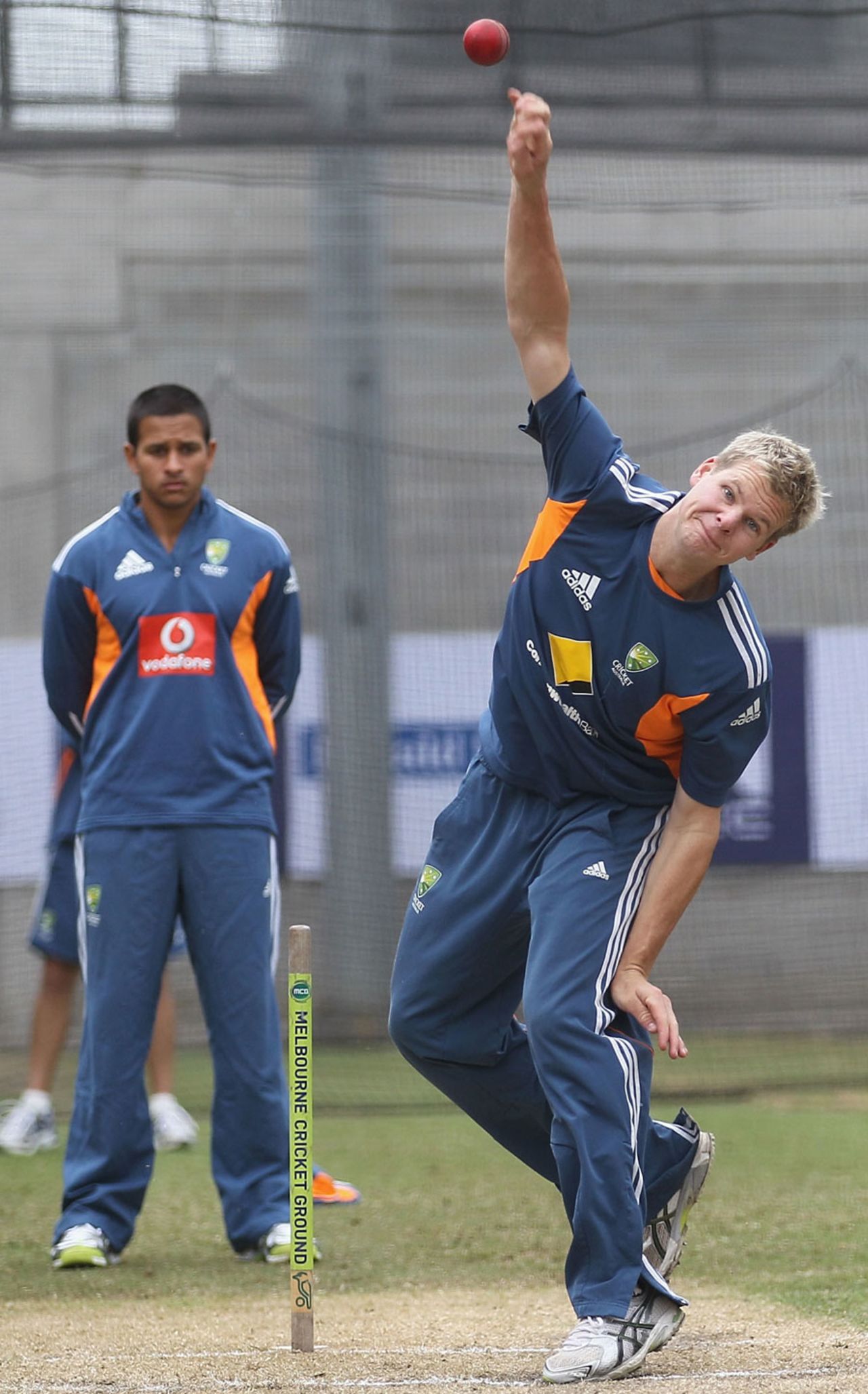 Steven Smith bowls in the nets as Usman Khawaja looks on, Melbourne, December 25, 2010