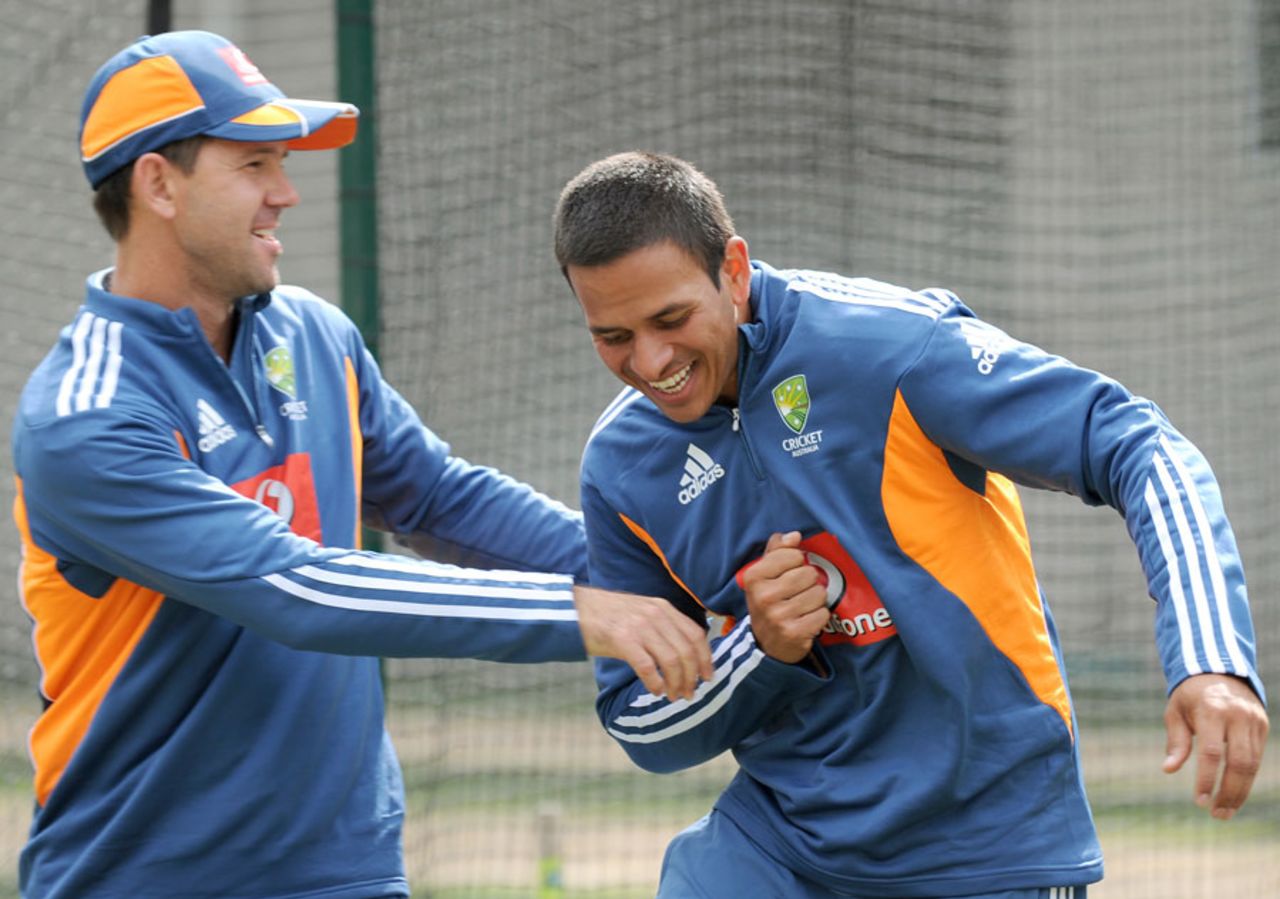 Ricky Ponting shares a light moment with Usman Khawaja, Melbourne, December 25, 2010