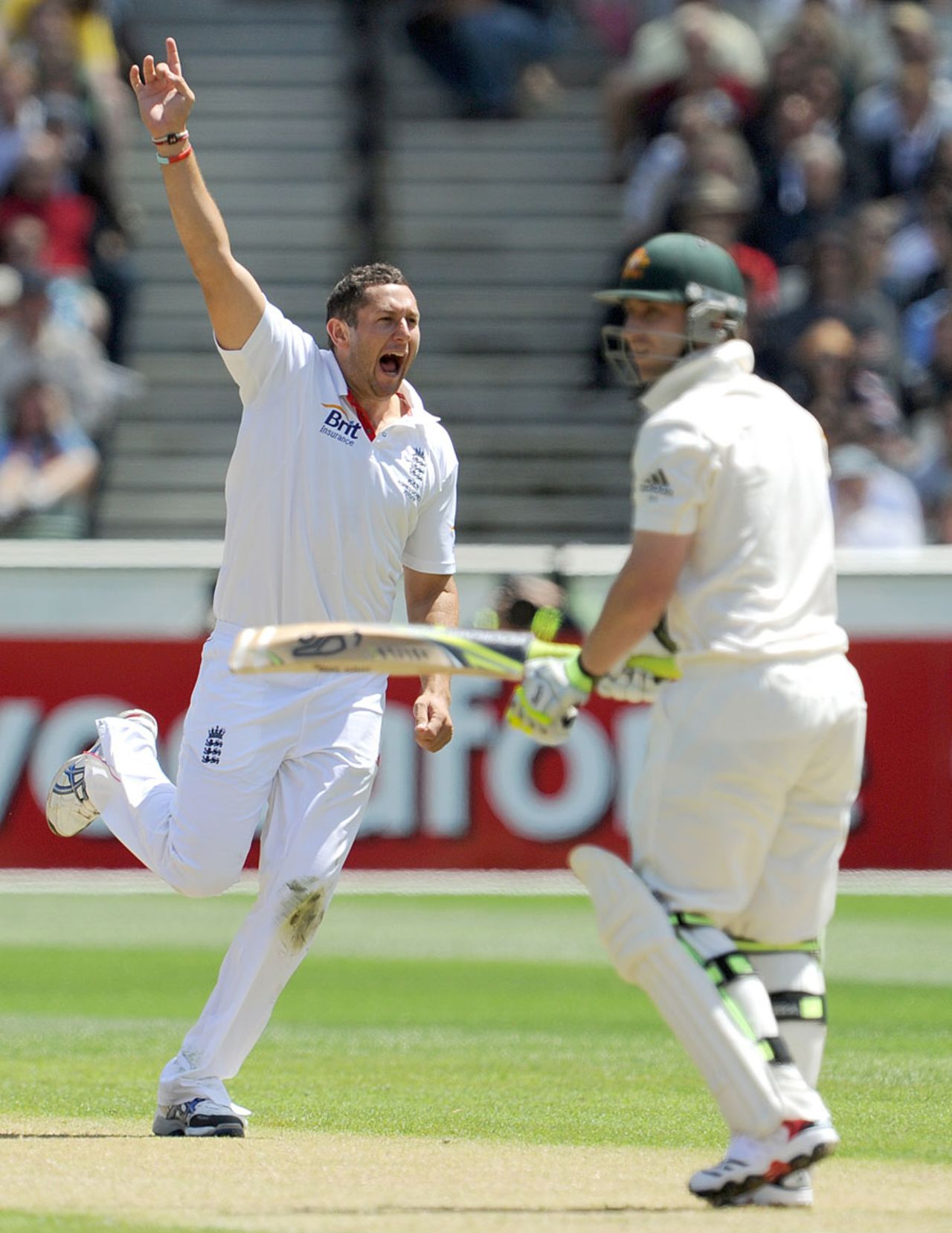 Tim Bresnan had his first Ashes wicket when Phillip Hughes slashed a wide ball to gully, Australia v England, 4th Test, Melbourne, December 26, 2010