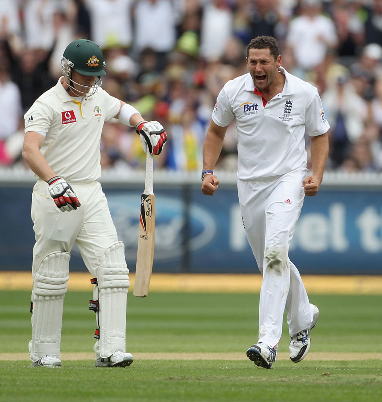 Wickets kept tumbling as Brad Haddin edged behind to give Tim Bresnan another wicket, Australia v England, 4th Test, Melbourne, December 26, 2010 