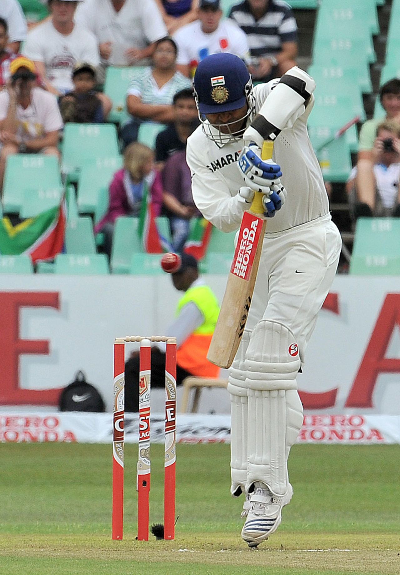Virender Sehwag tries to keep the ball down, South Africa v India, 2nd Test, Durban, 1st day, December 26, 2010