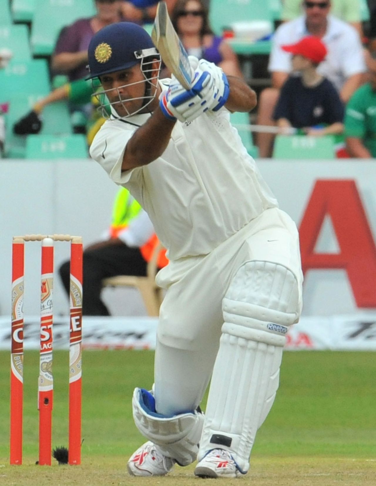 MS Dhoni drives through the off side, South Africa v India, 2nd Test, Durban, 1st day, December 26, 2010 