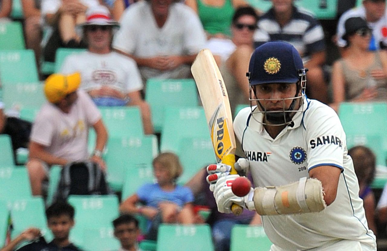 VVS Laxman watches the ball on to his bat, South Africa v India, 2nd Test, Durban, 1st day, December 26, 2010
